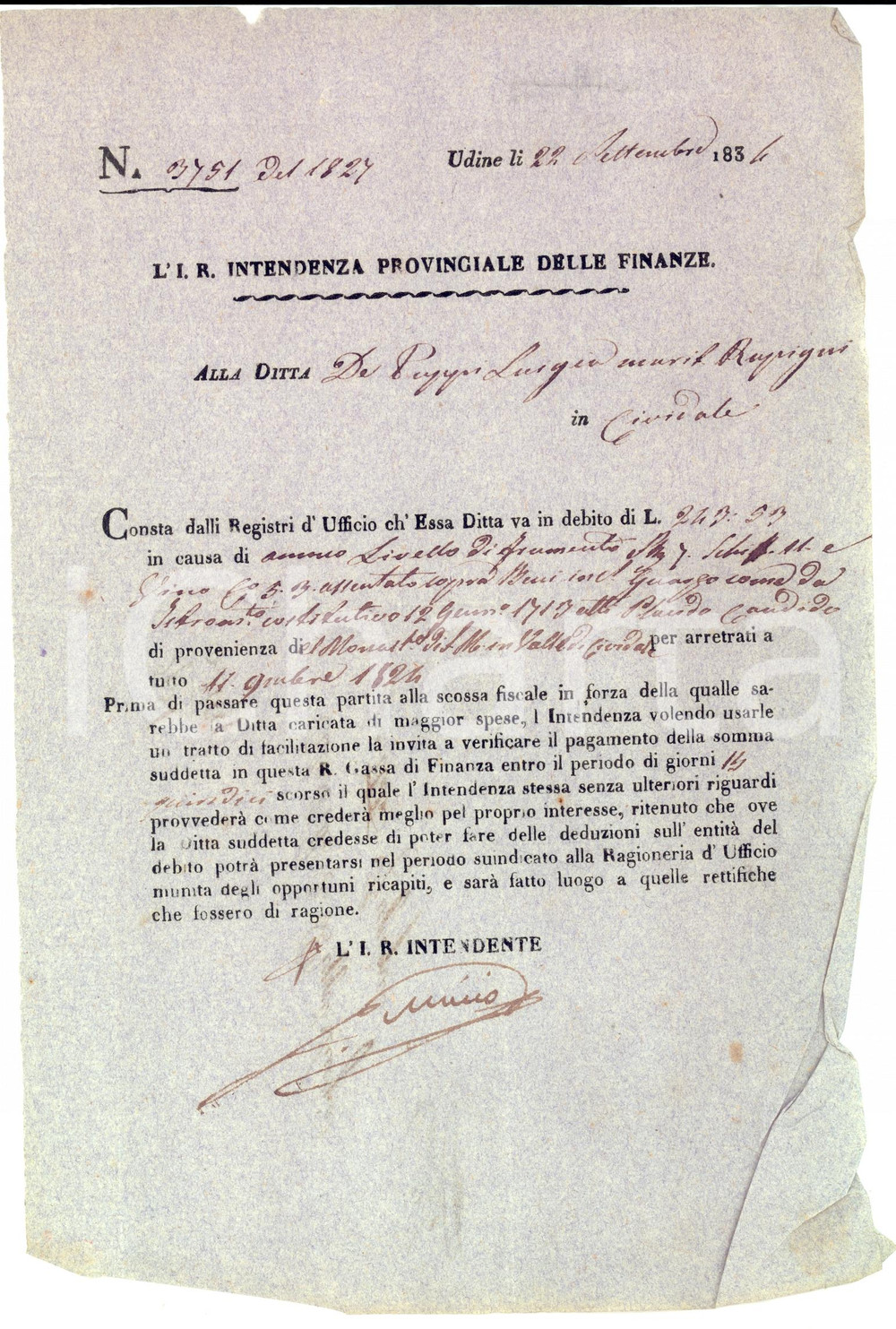 Documento originale, autentico 1834 CIVIDALE DEL FRIULI UD Debiti Luigia DE PUPPI convento S. MARIA IN VALLE 1
