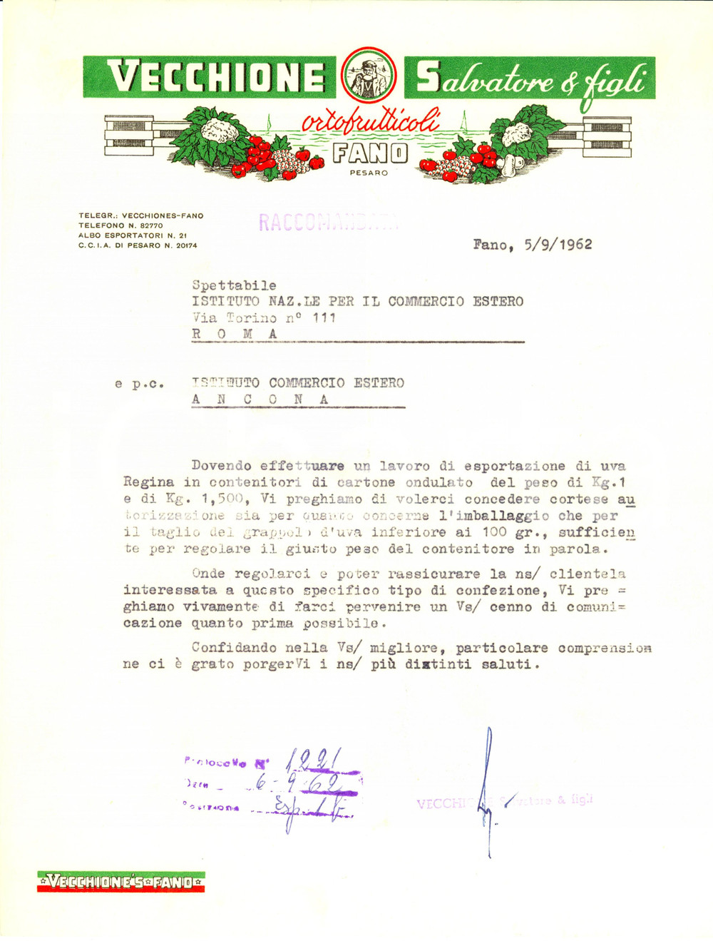 Manoscritto, lettera originale 1962 FANO PU Salvatore VECCHIONE e Figli Ortofrutticoli Lettera intestata 1