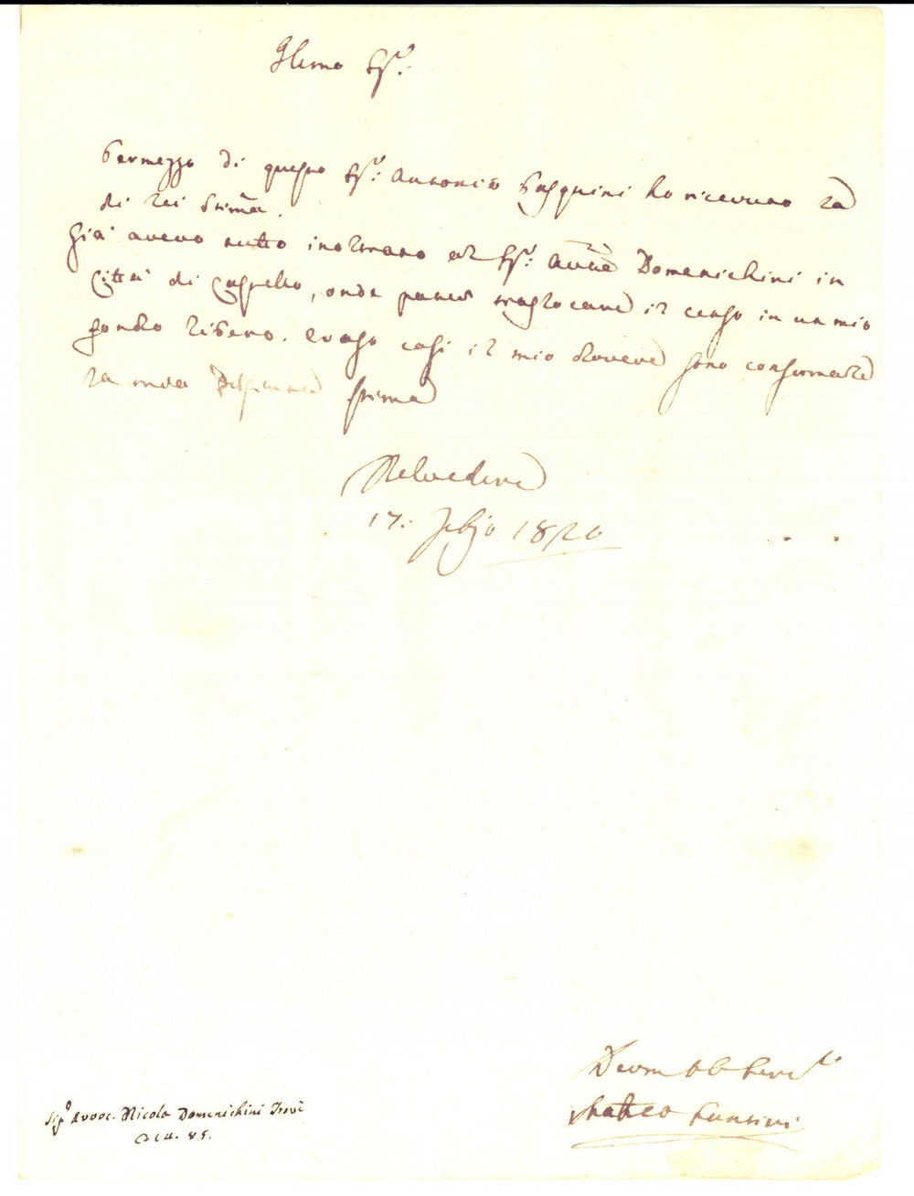 Manoscritto, lettera originale 1820 BELVEDERE CITTA  DI CASTELLO PU Matteo SANTINI trasloca censo Lettera 1