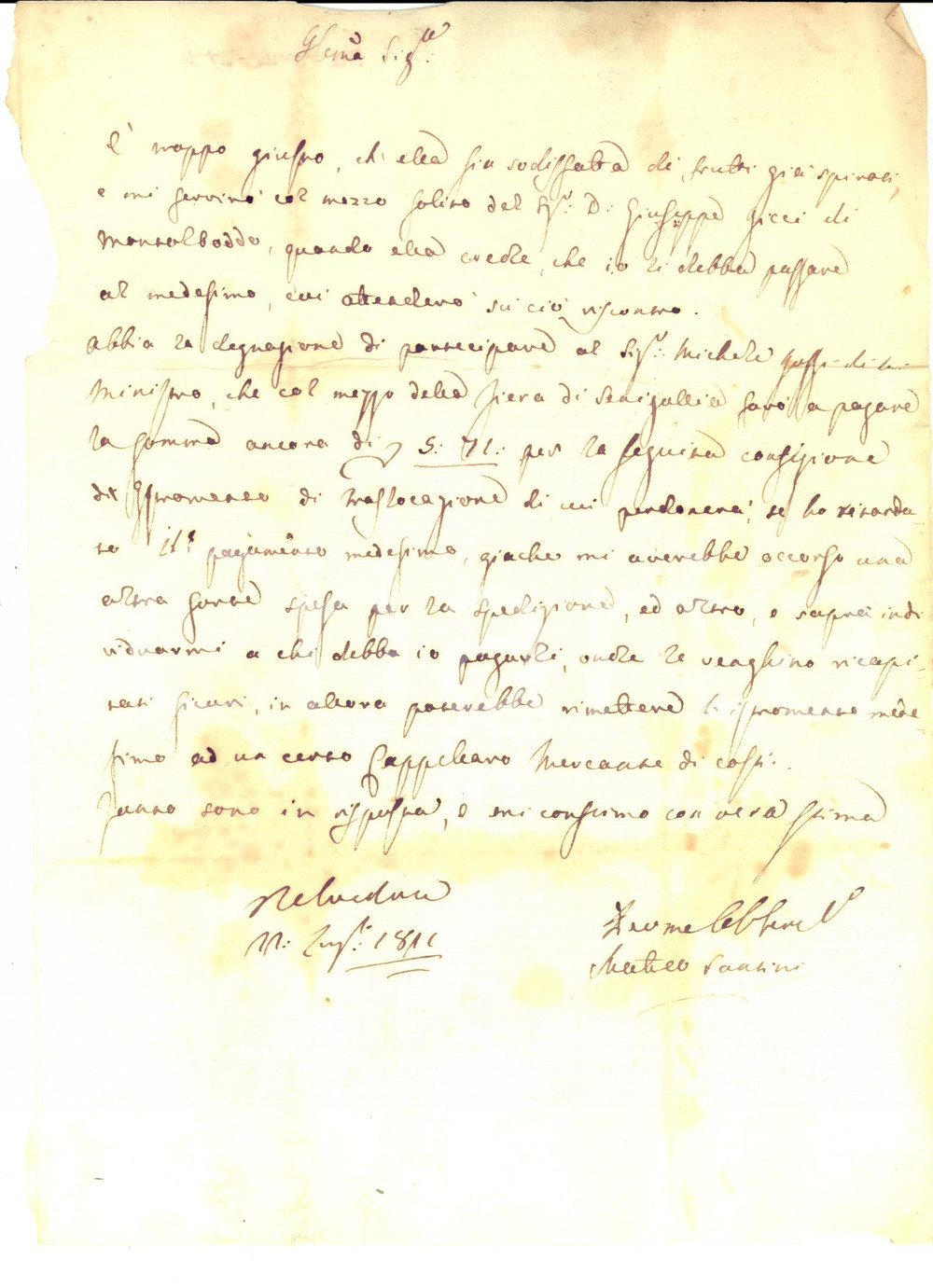 Manoscritto, lettera originale 1811 BELVEDERE CITTA  DI CASTELLO PU Matteo SANTINI trasloca censo Lettera 1