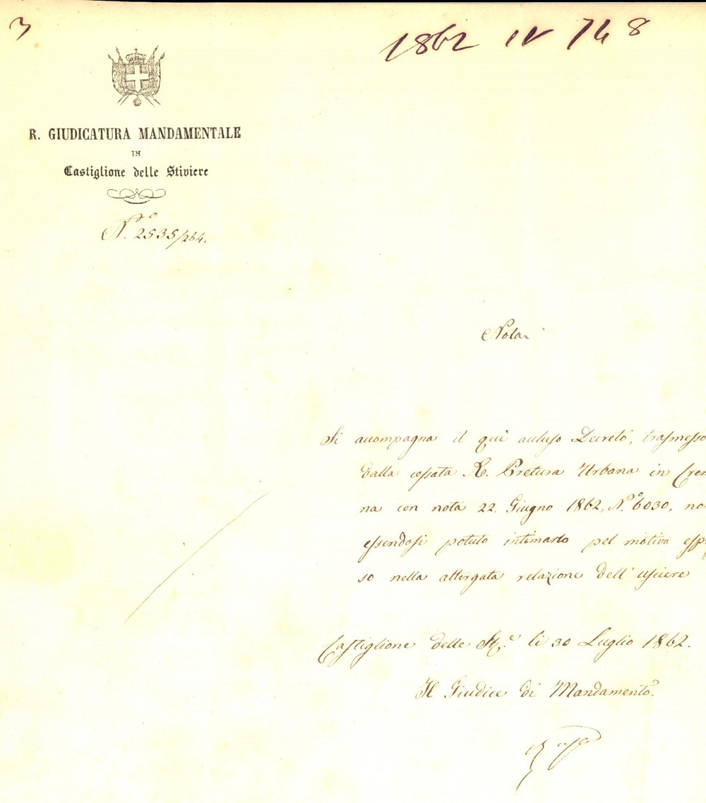Manoscritto, lettera originale 1862 CASTIGLIONE DELLE STIVIERE Regia Giudicatura Mandamentale Prefilatelica 1