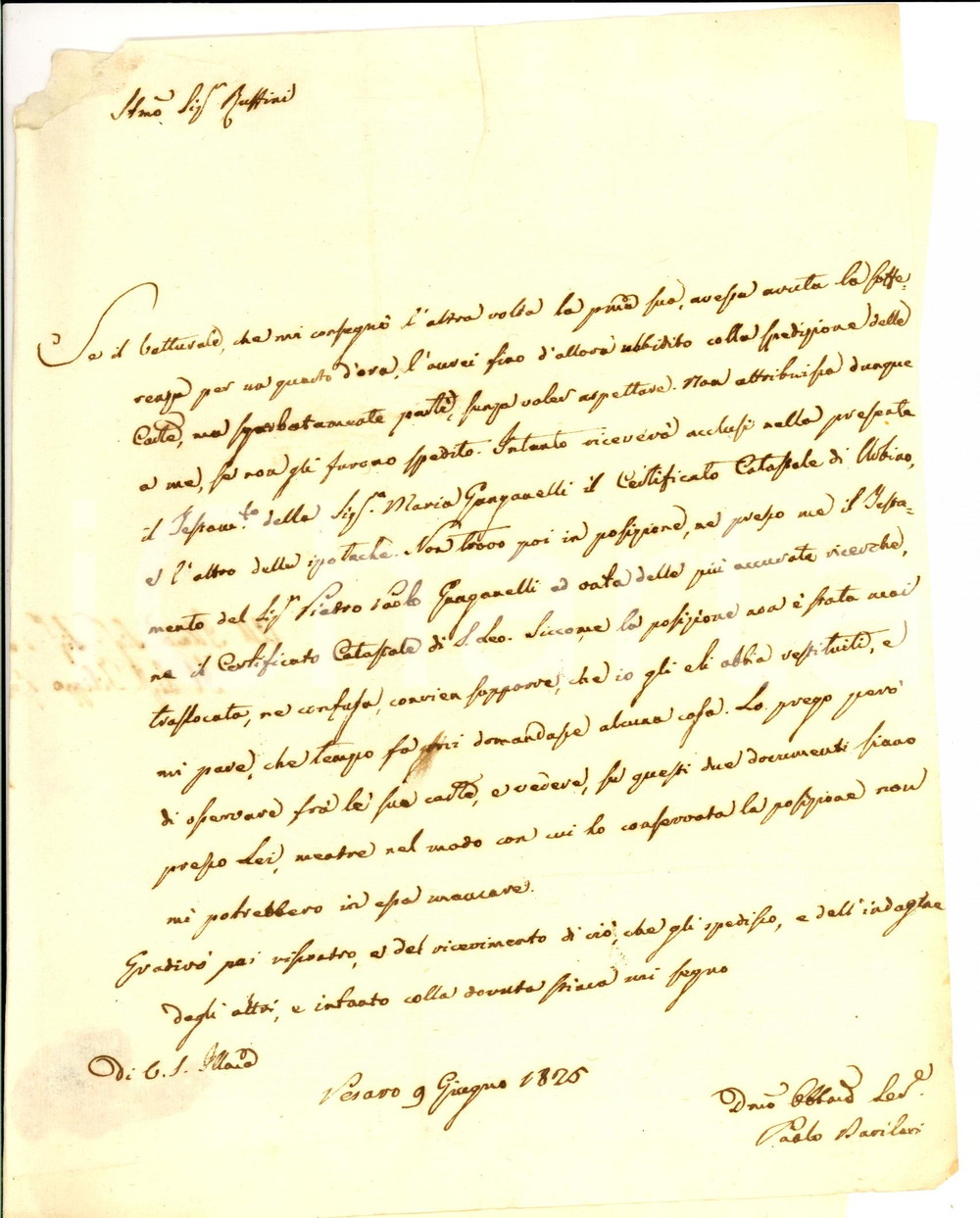 Manoscritto, lettera originale 1825 PESARO Avv. Paolo BARILARI lavora su ereditÃ  GANGANELLI Autografo 1