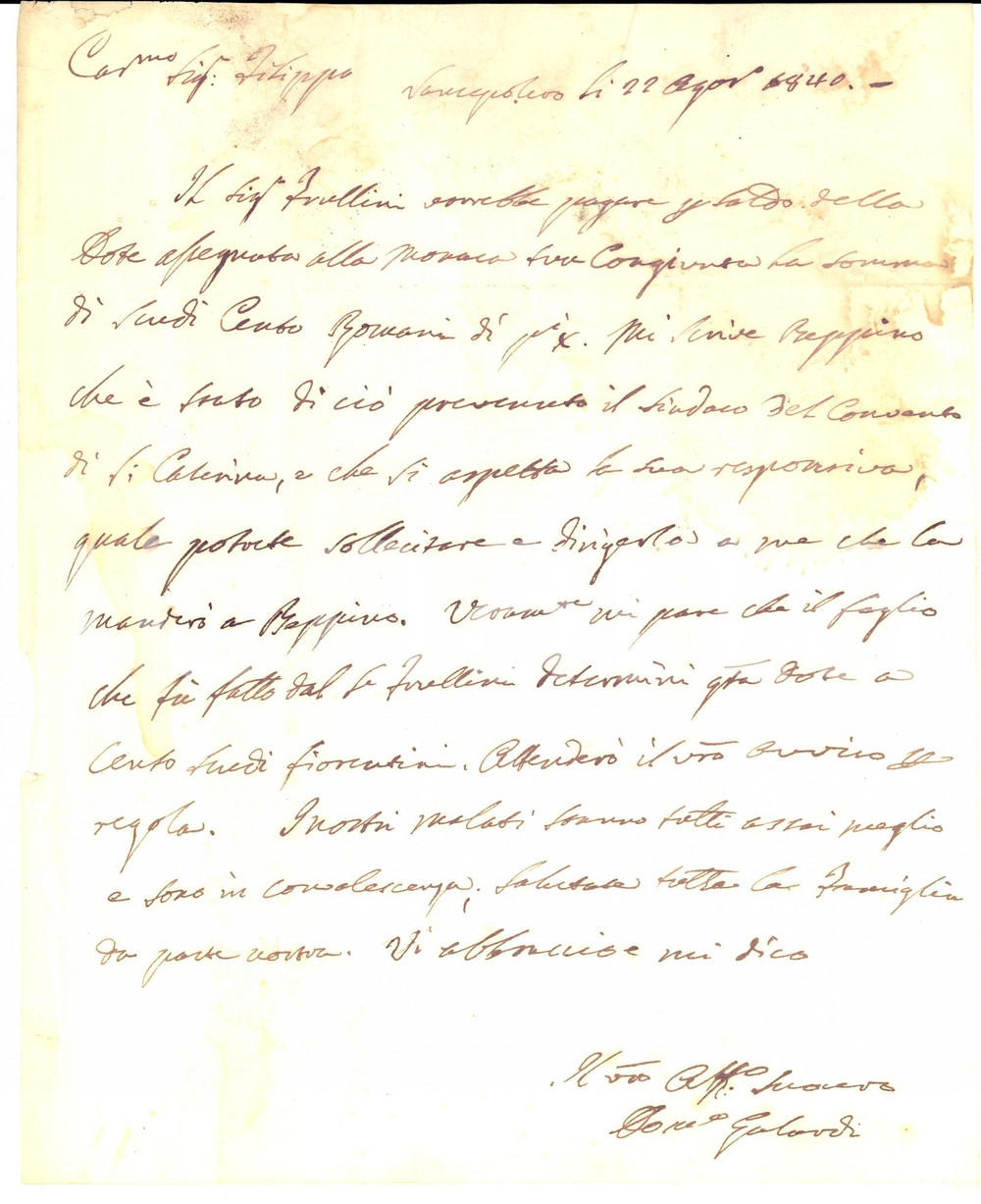 Manoscritto, lettera originale 1840 SANSEPOLCRO AR Dote di una monaca per convento SANTA CATERINA di Arezzo 1