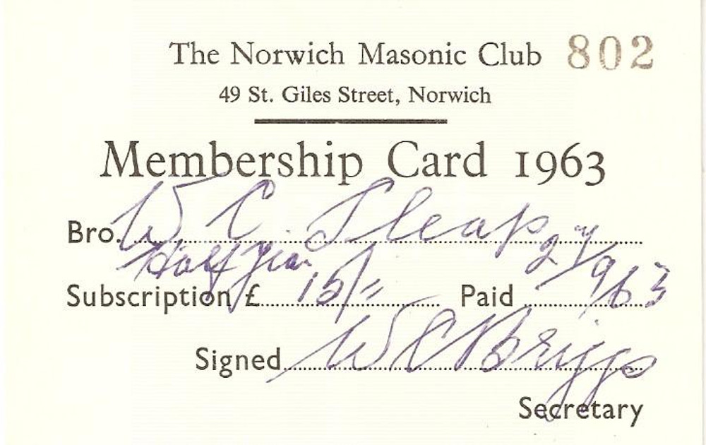 1963 UK MASSONERIA The Norwich Masonic Club *Membership Card