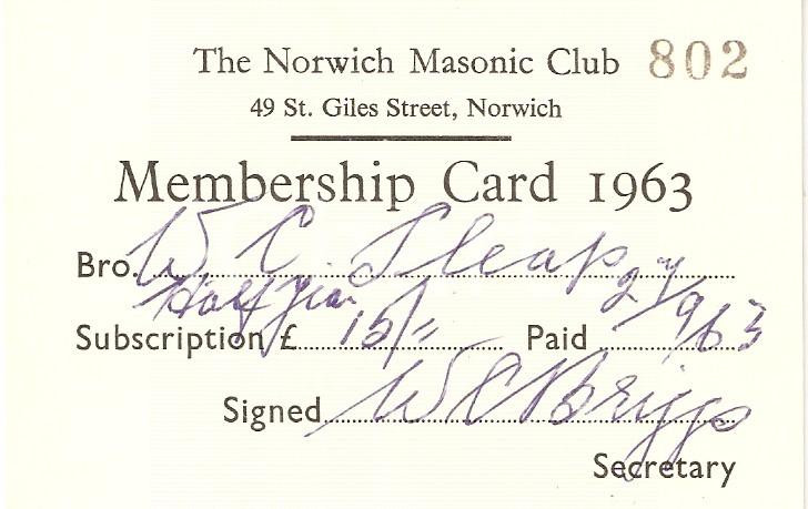 Oggetto da collezione cartaceo 1963 UK MASSONERIA The Norwich Masonic Club Membership Card 1