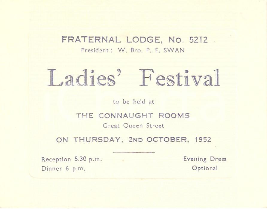 Oggetto da collezione cartaceo 1952 UK MASSONERIA Fraternal Lodge 5212 Ladies  Festival Biglietto 1