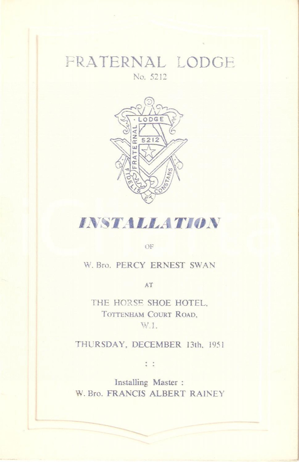 Oggetto da collezione cartaceo 1951 LONDON MASSONERIA Fraternal Lodge 5212 Installation menu 1 1