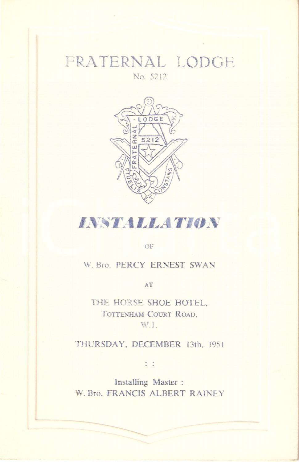 Oggetto da collezione cartaceo 1951 LONDON MASSONERIA Fraternal Lodge 5212 Installation menu 1 1