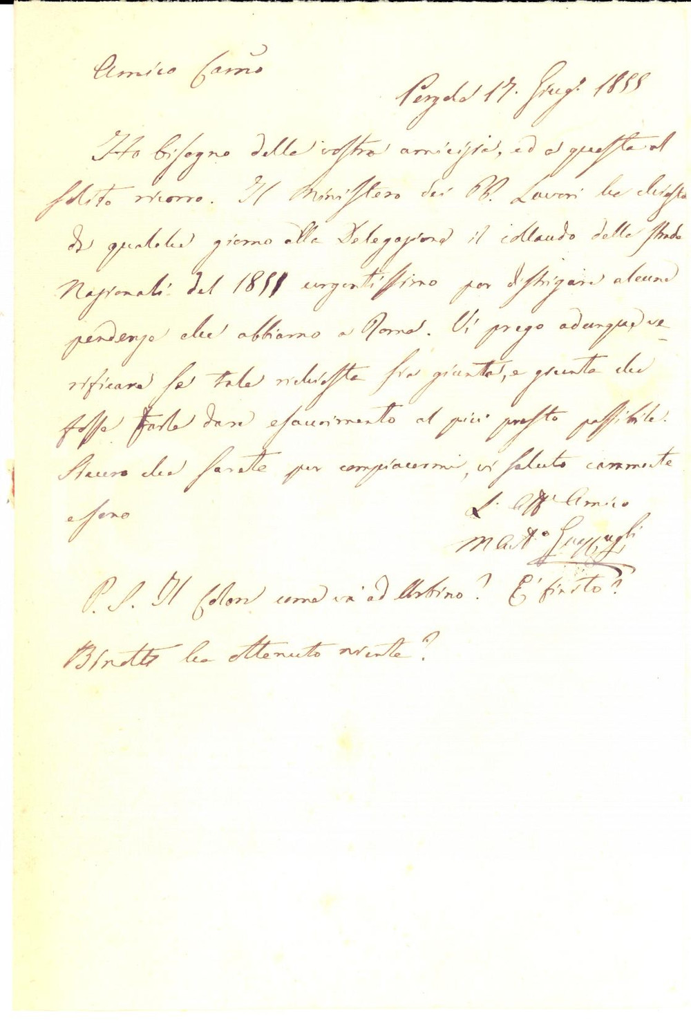 Manoscritto, lettera originale 1855 PERGOLA PU Marcantonio GUAZZUGLI su collaudo strade nazionali Autografo 1