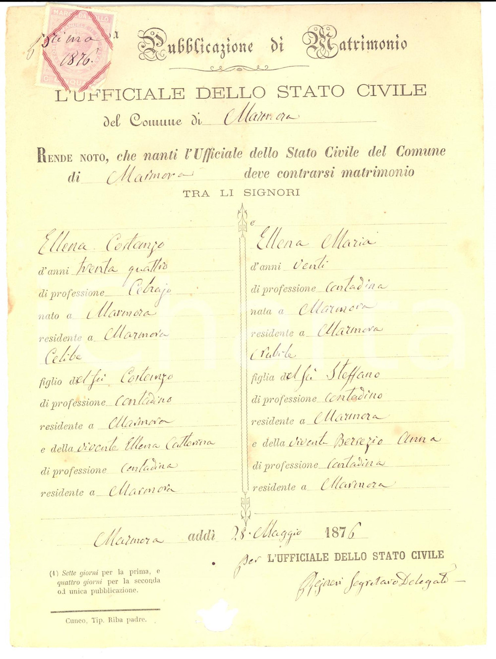 Documento originale, autentico 1876 MARMORA CN Nozze tra Costanzo ELLENA e Maria ELLENA Pubblicazioni 1