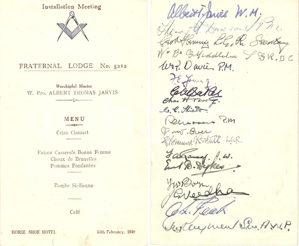 Oggetto da collezione cartaceo 1949 LONDON FREEMASONRY Fraternal Lodge 5212 Menù installazione con AUTOGRAFI 1