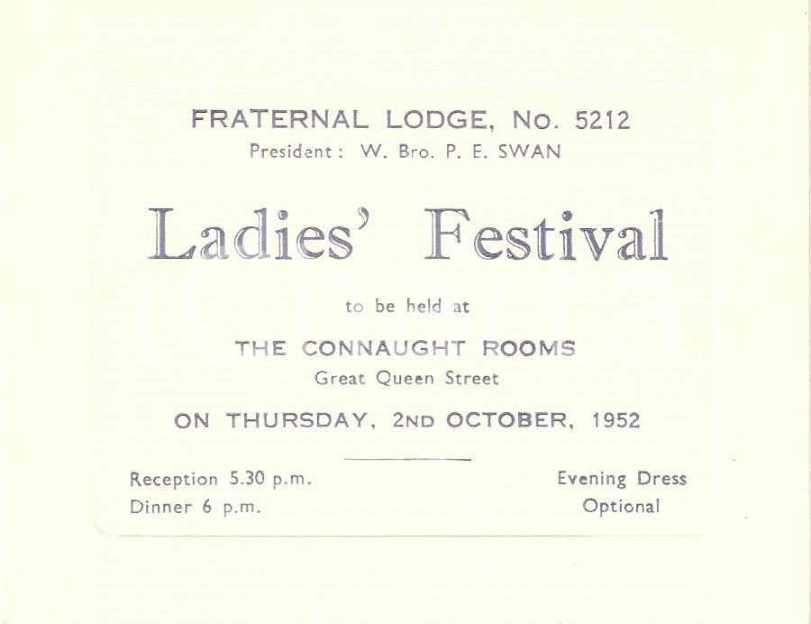 Oggetto da collezione cartaceo 1952 LONDON MASSONERIA Fraternal Lodge 5212 Ladies  Festival at CONNAUGHT ROOM 3 1