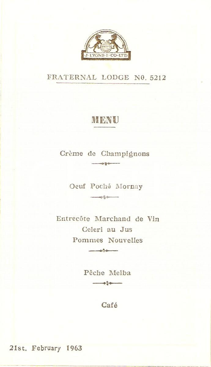 Oggetto da collezione cartaceo 1963 LONDON MASSONERIA Fraternal Lodge 5212 Menù FREEMASONRY 1