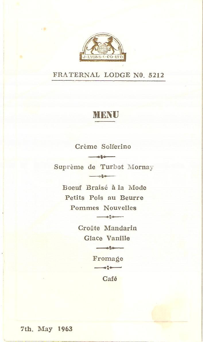 Oggetto da collezione cartaceo 1963 LONDON MASSONERIA Fraternal Lodge 5212 MenÃ¹ FREEMASONRY 1