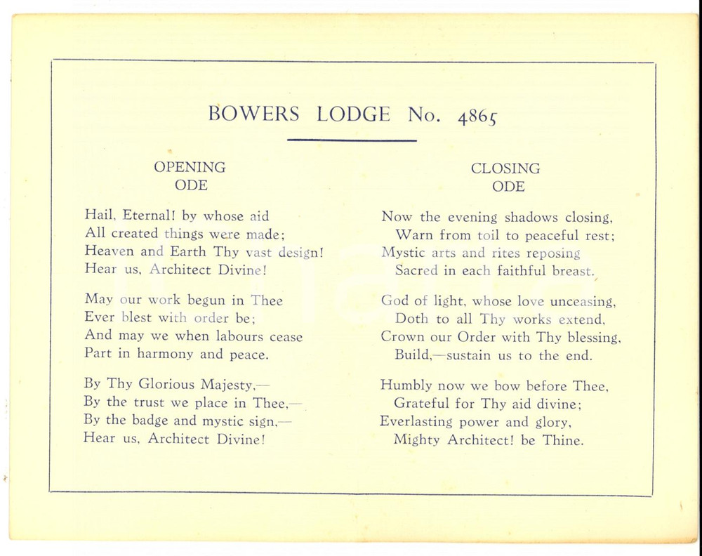 Oggetto da collezione cartaceo 1950 ca FREEMASONRY NORWICH UK Bowers Lodge no. 4865  Opening ode 1