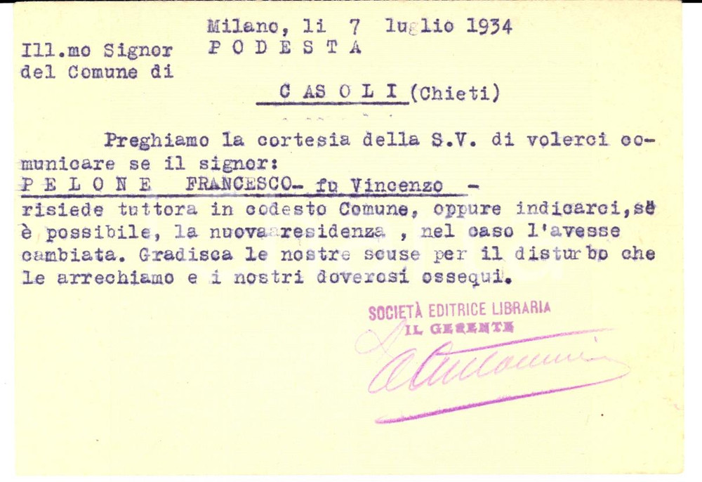 Documento originale, autentico 1934 MILANO SocietÃ  Editrice Libraria cerca storico Francesco PELONE Cartolina 1