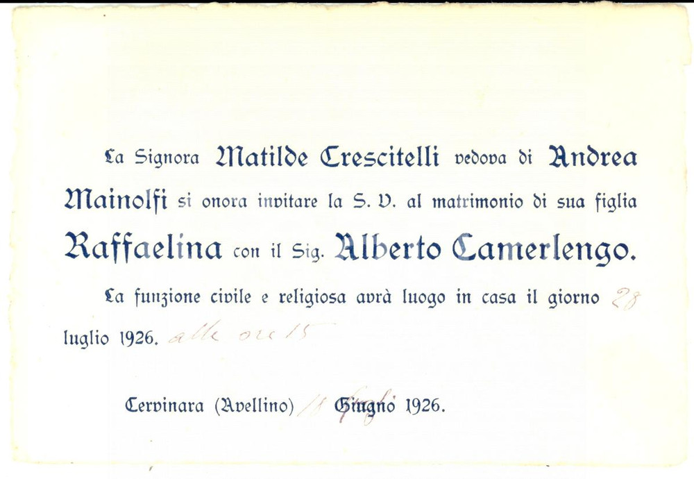 Oggetto da collezione cartaceo 1926 CERVINARA AV Partecipazione nozze Raffaelina MAINOLFI  Alberto CAMERLENGO 1