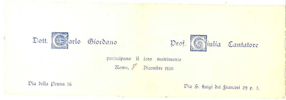 Oggetto da collezione cartaceo 1930 ROMA Nozze dott. Carlo GIORDANO e prof.ssa Giulia CANTATORE Partecipazione 1