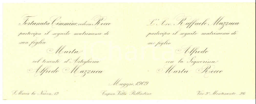 Oggetto da collezione cartaceo 1909 CAPUA CE Partecipazione nozze ten. Alfredo MAZZUCCA  Marta ROCCO 1