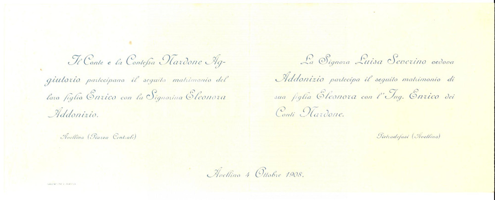 Oggetto da collezione cartaceo 1908 AVELLINO Partecipazione nozze conte Enrico NARDONE  Eleonora ADDONIZIO 1