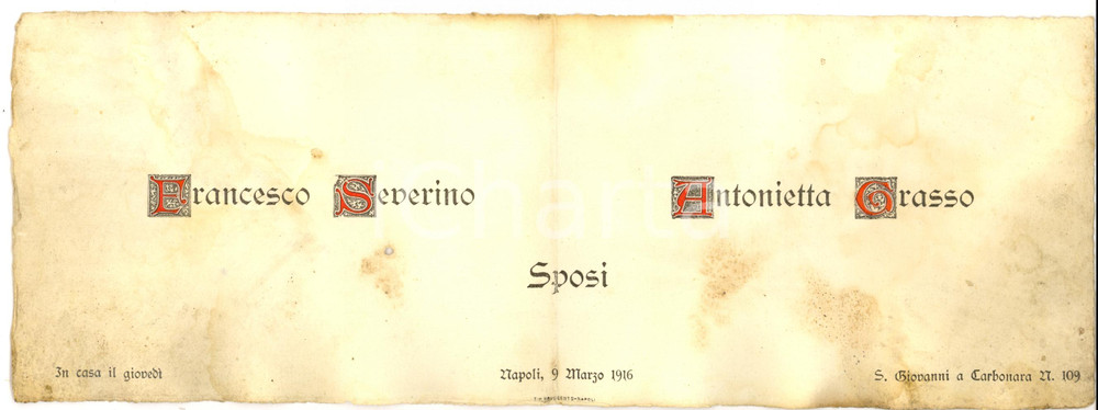 Oggetto da collezione cartaceo 1916 NAPOLI Partecipazione nozze Francesco SEVERINO  Antonietta GRASSO 1