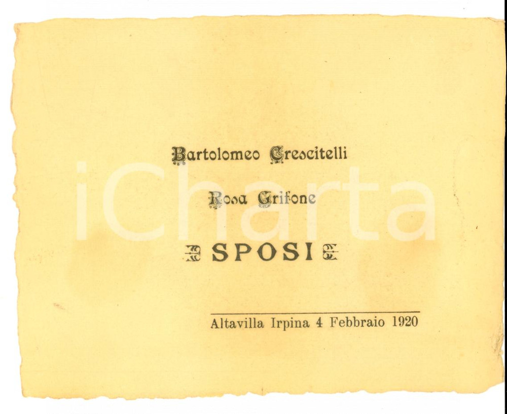 Oggetto da collezione cartaceo 1920 ALTAVILLA IRPINA AV Nozze Bartolomeo CRESCITELLI  Rosa GRIFONE 1