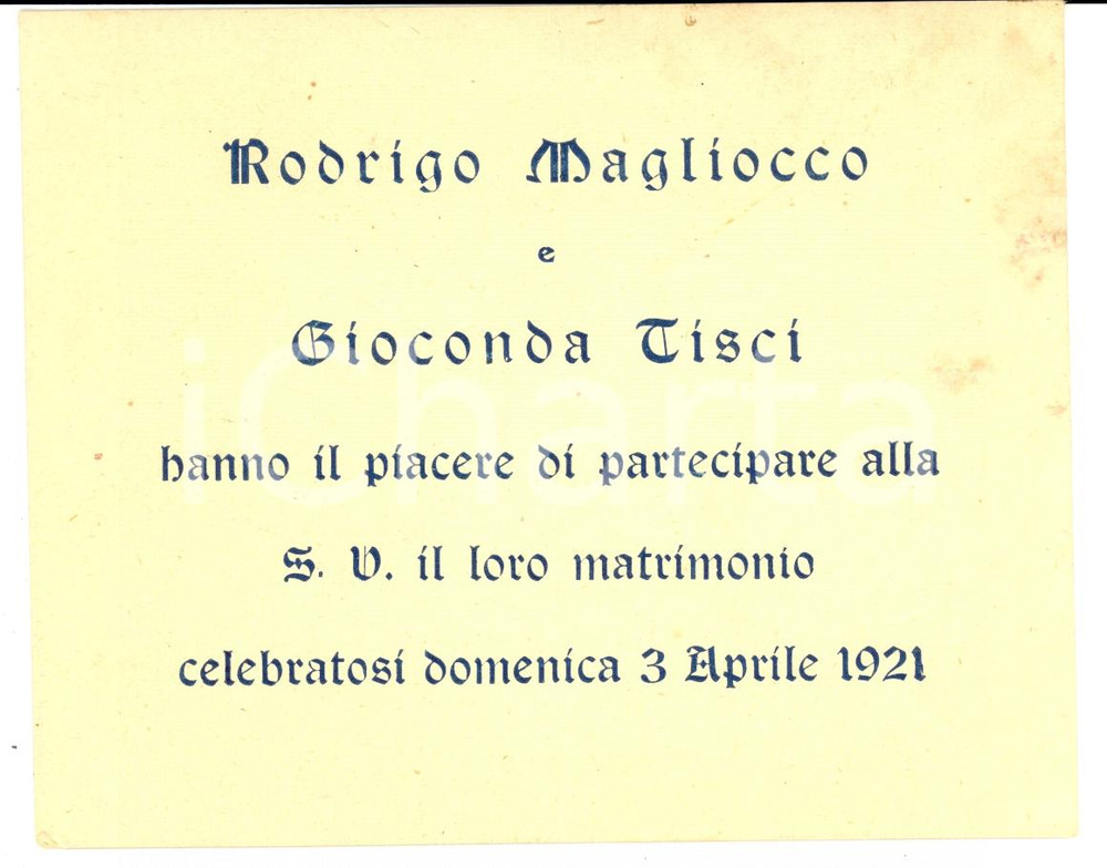 Oggetto da collezione cartaceo 1921 NAPOLI Nozze giornalista Rodrigo MAGLIOCCO  Gioconda TISCI 1