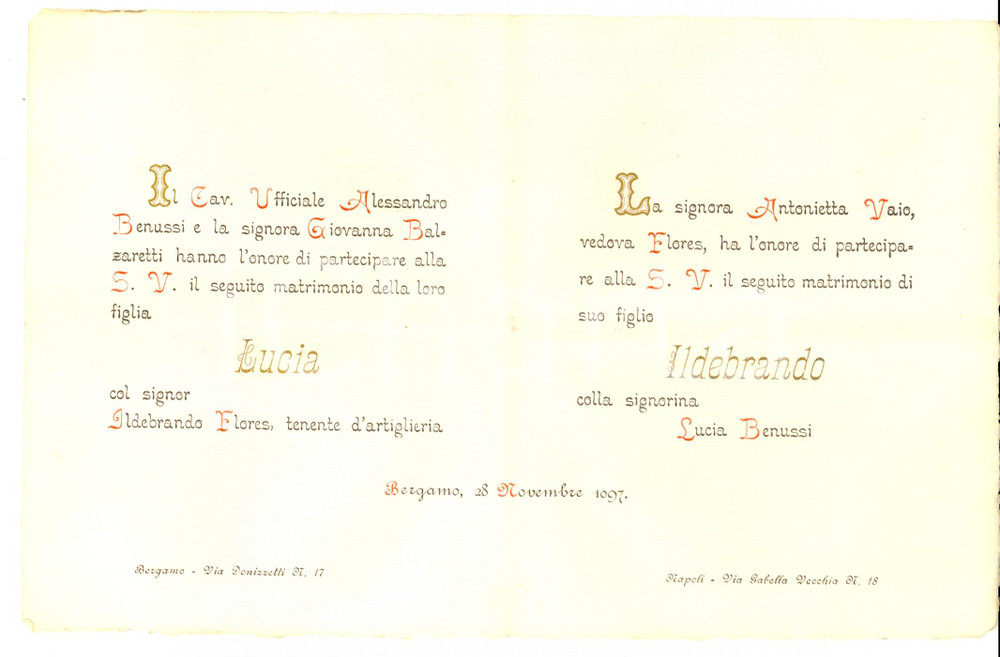 Oggetto da collezione cartaceo 1907 BERGAMO Nozze ten. Ildebrando FLORES  Lucia BENUSSI 1