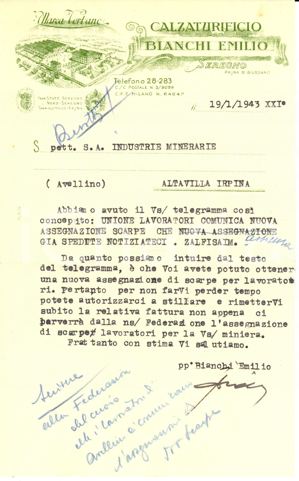 Documento originale, autentico 1943 SEREGNO MB Calzaturificio EMILIO BIANCHI pro minatori ALTAVILLA Lettera 1