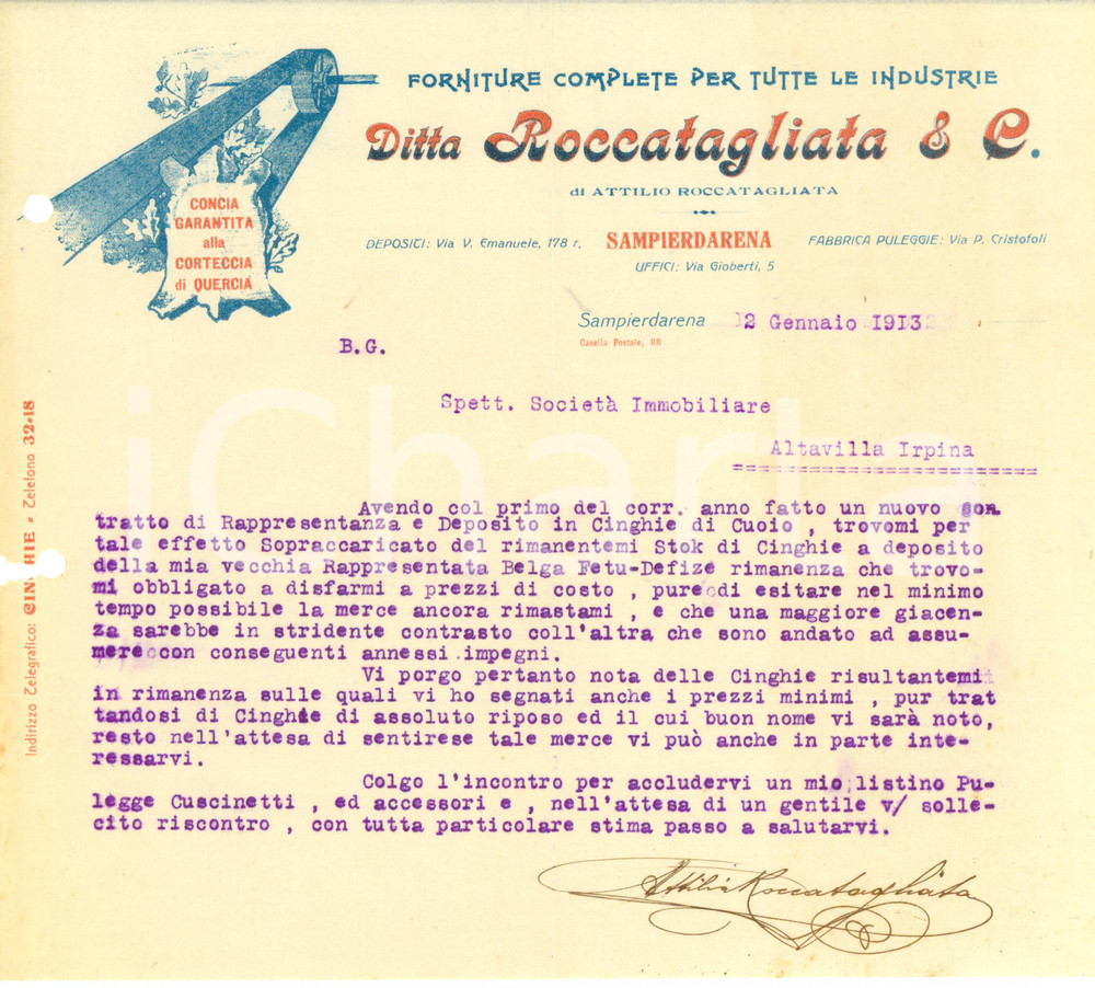 Documento originale, autentico 1913 GENOVA SAMPIERDARENA Ditta ROCCATAGLIATA concia alla corteccia di quercia 1
