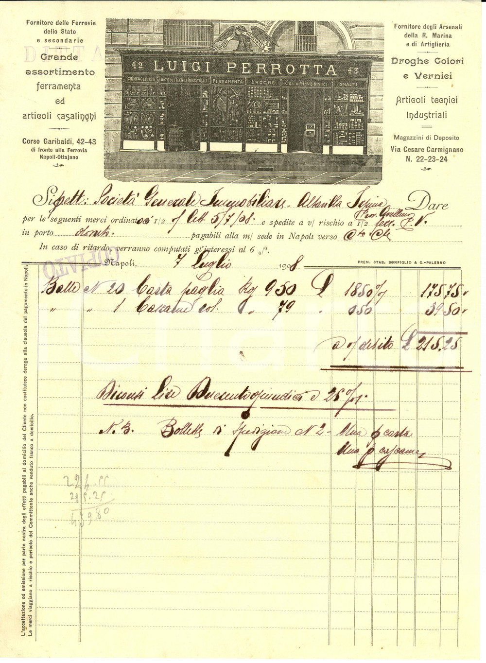 Documento originale, autentico 1908 NAPOLI Luigi PERROTTA Droghe e ferramenta Fattura intestata 1