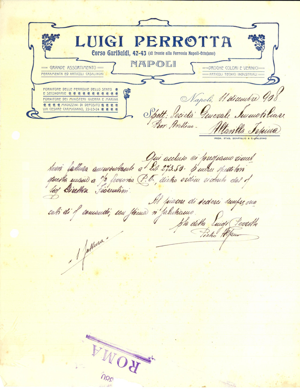 Documento originale, autentico 1908 NAPOLI Luigi PERROTTA Ferramenta e articoli casalinghi Fattura intestata 1