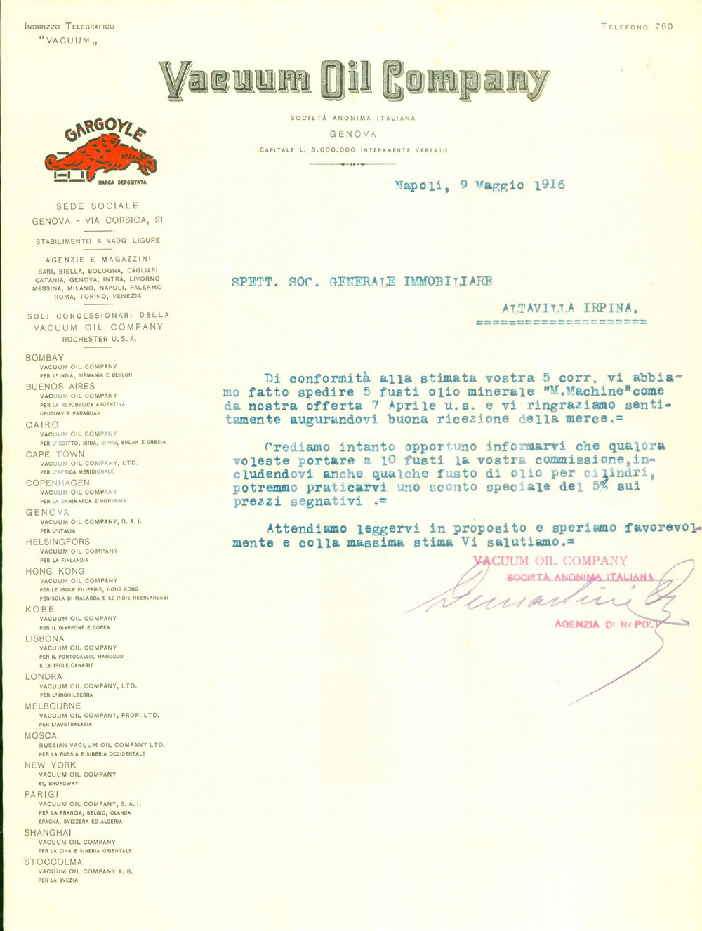 Documento originale, autentico 1916 GENOVA SocietÃ  VACUUM OIL COMPANY Lettera commerciale ILLUSTRATA 1