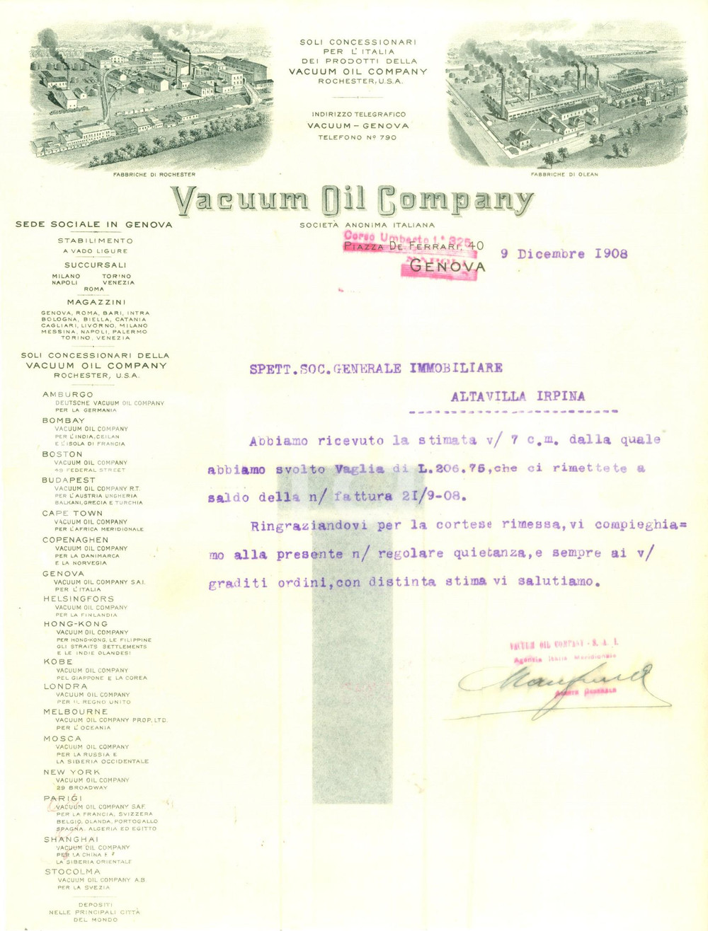 Documento originale, autentico 1908 GENOVA SocietÃ  VACUUM OIL COMPANY Lettera commerciale ILLUSTRATA 1