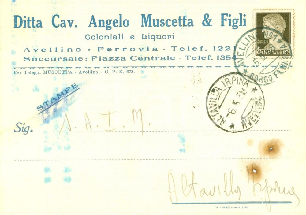 Cartolina originale da collezione 1938 AVELLINO Ditta Cav. Angelo MUSCETTA & Figli Coloniali e liquori DANNEGGIATA 1