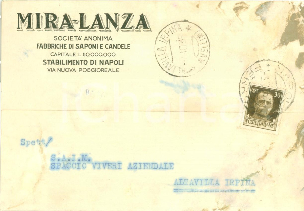 Cartolina originale da collezione 1935 NAPOLI Fabbriche saponi candele MIRALANZA Cartolina GRAVEMENTE DANNEGGIATA 1