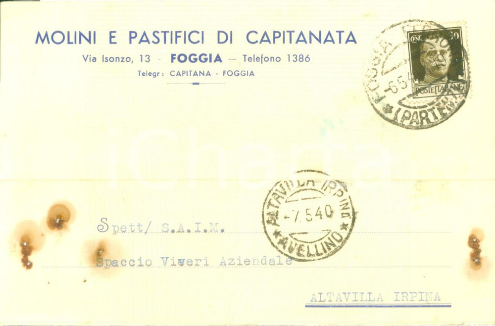 Cartolina originale da collezione 1940 FOGGIA Molini e Pastifici di CAPITANATA S.A. Cartolina DANNEGGIATA 1