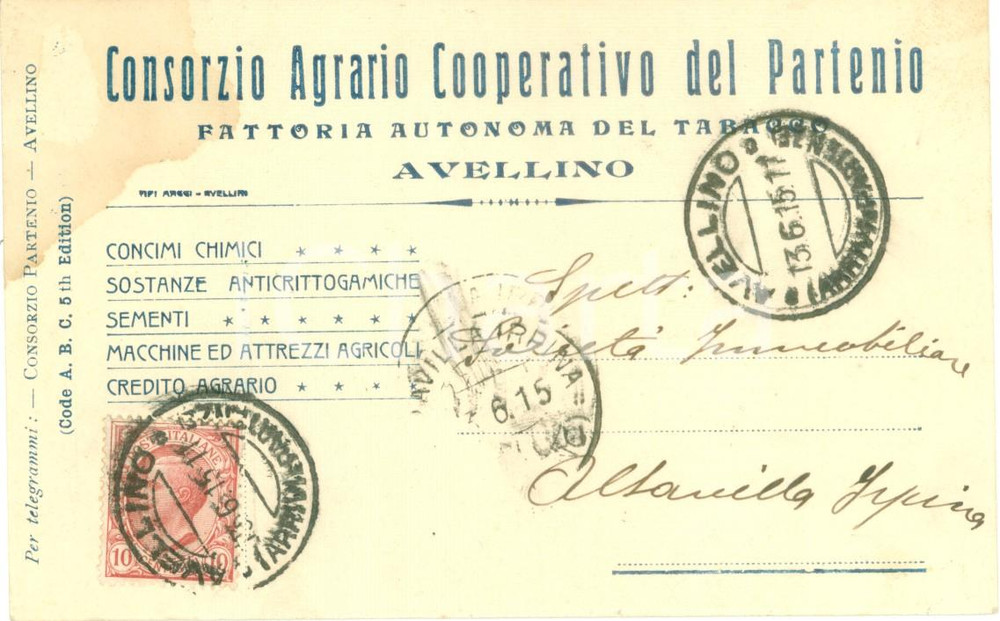 Cartolina originale da collezione 1915 AVELLINO Consorzio Agrario Cooperativo del PARTENIO Fattoria Tabacco FP VG 1
