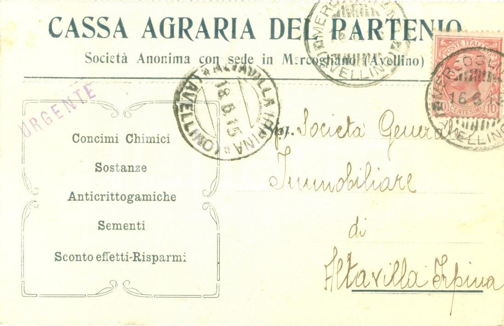 Cartolina originale da collezione 1915 MERCOGLIANO AV Cassa Agraria del PARTENIO Concimi chimici Cartolina 1