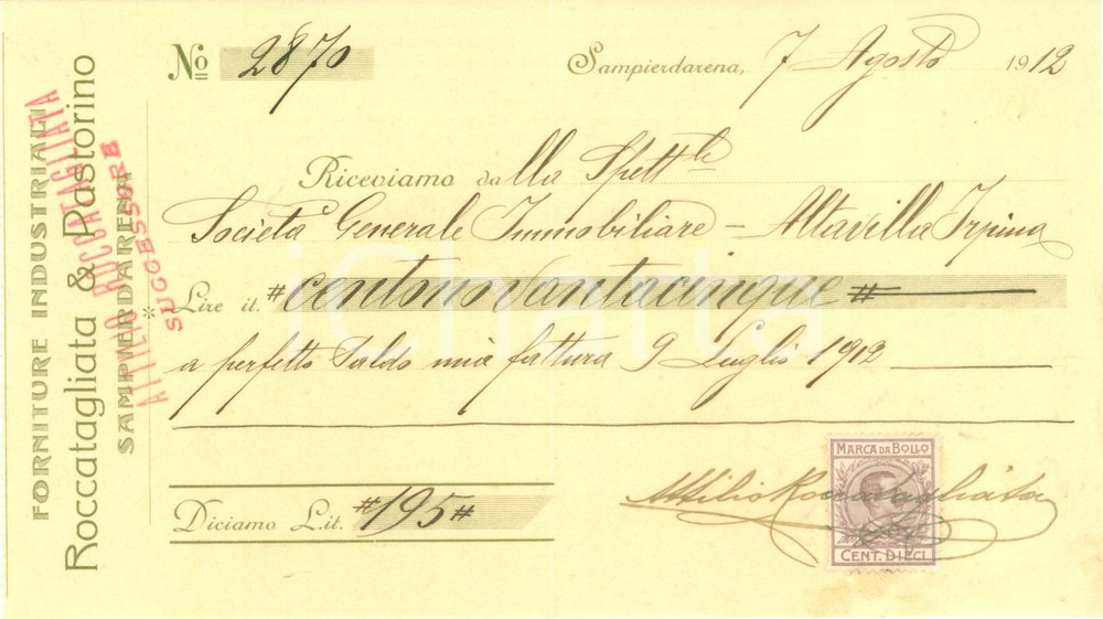 Documento originale, autentico 1912 GENOVA SAMPIERDARENA Forniture industriali ROCCATAGLIATA & PASTORINO 1