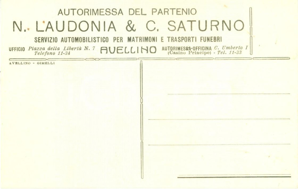 Cartolina originale da collezione 1933 AVELLINO Laudonia & Saturno Autorimessa del PARTENIO Cartolina FP NV 1