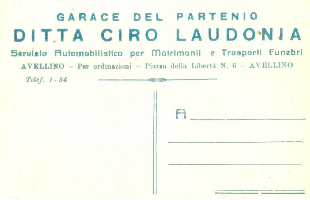 Cartolina originale da collezione 1930 AVELLINO Garage del PARTENIO Ciro LAUDONIA Cartolina commerciale FP NV 1