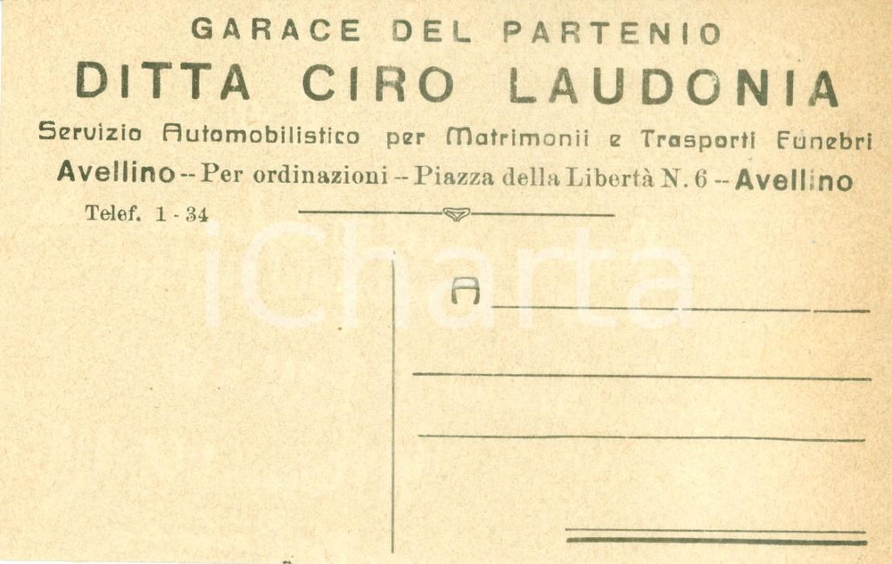 Cartolina originale da collezione 1929 AVELLINO Garage del PARTENIO Ciro LAUDONIA Cartolina commerciale FP NV 1