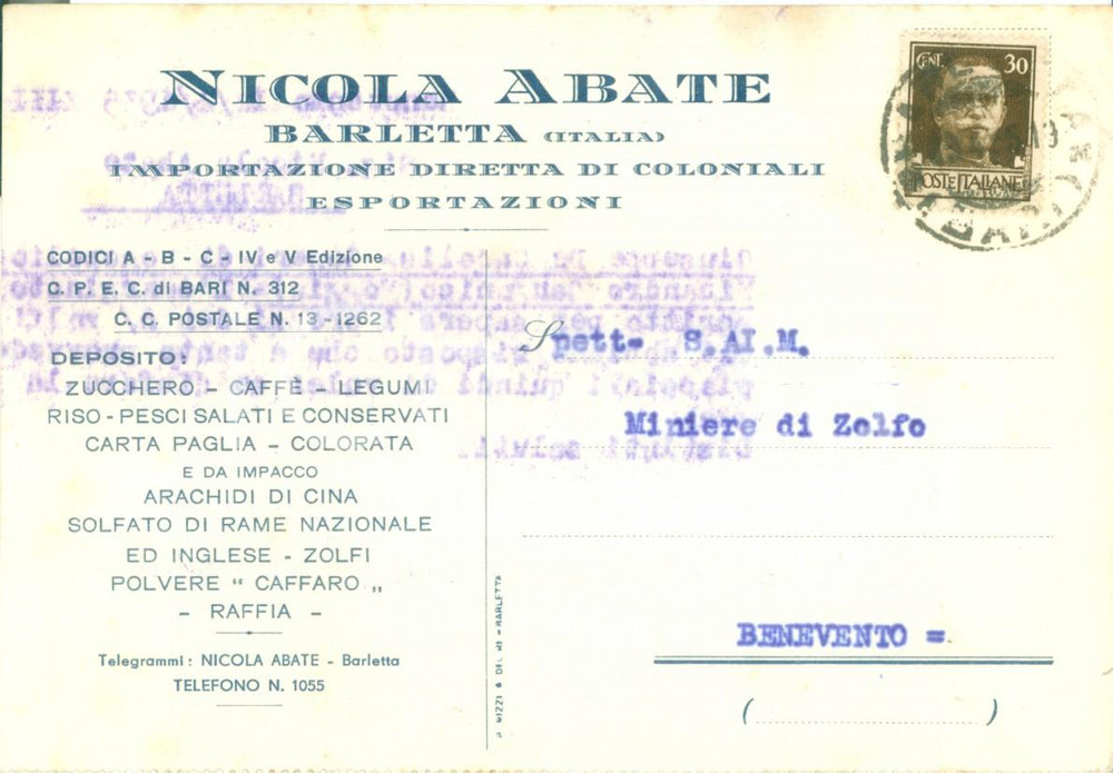 Cartolina originale da collezione 1935 BARLETTA Nicola ABATE importazioni esportazioni Cartolina DANNEGGIATA FP VG 1