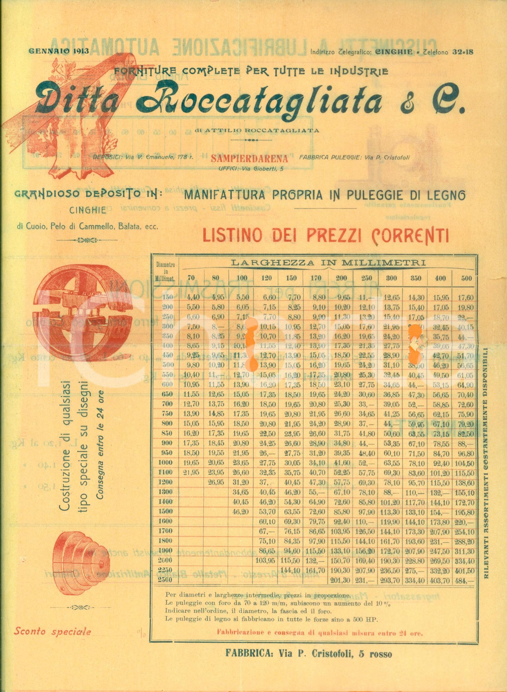 Documento originale, autentico 1913 GENOVA SAMPIERDARENA Ditta ROCCATAGLIATA forniture Listino prezzi correnti 1