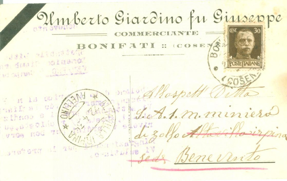 Cartolina originale da collezione 1935 BONIFATI CS Umberto GIARDINO fu Giuseppe commerciante Cartolina FP VG 1