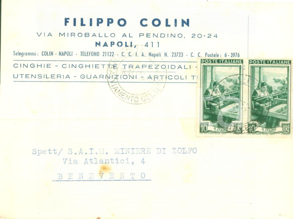 Cartolina originale da collezione 1952 NAPOLI Filippo COLIN cinghierie cinghiette trapezoidali Cartolina FG VG 1