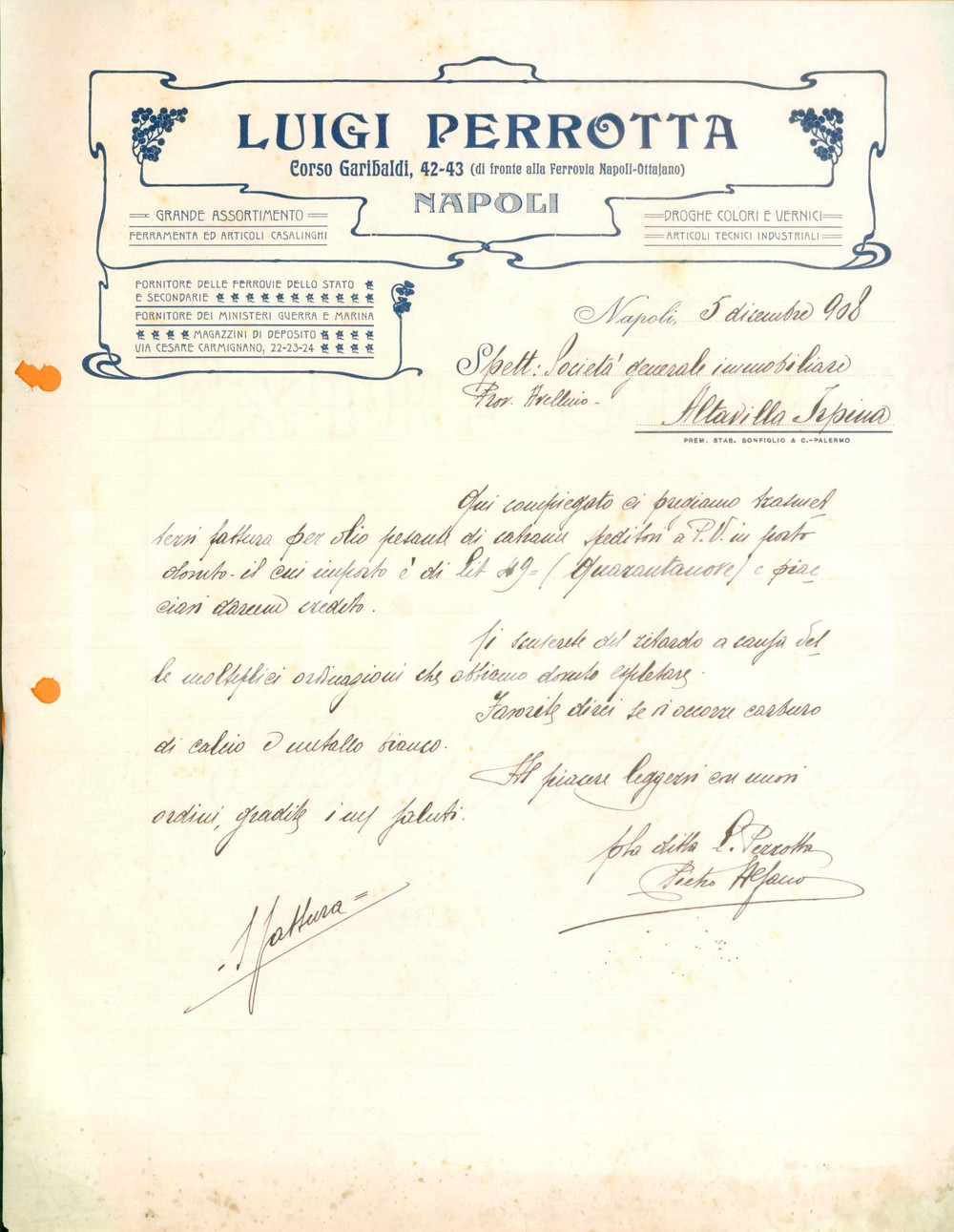 Documento originale, autentico 1908 NAPOLI Luigi PERROTTA ferramenta casalinghi droghe vernici Fattura 1