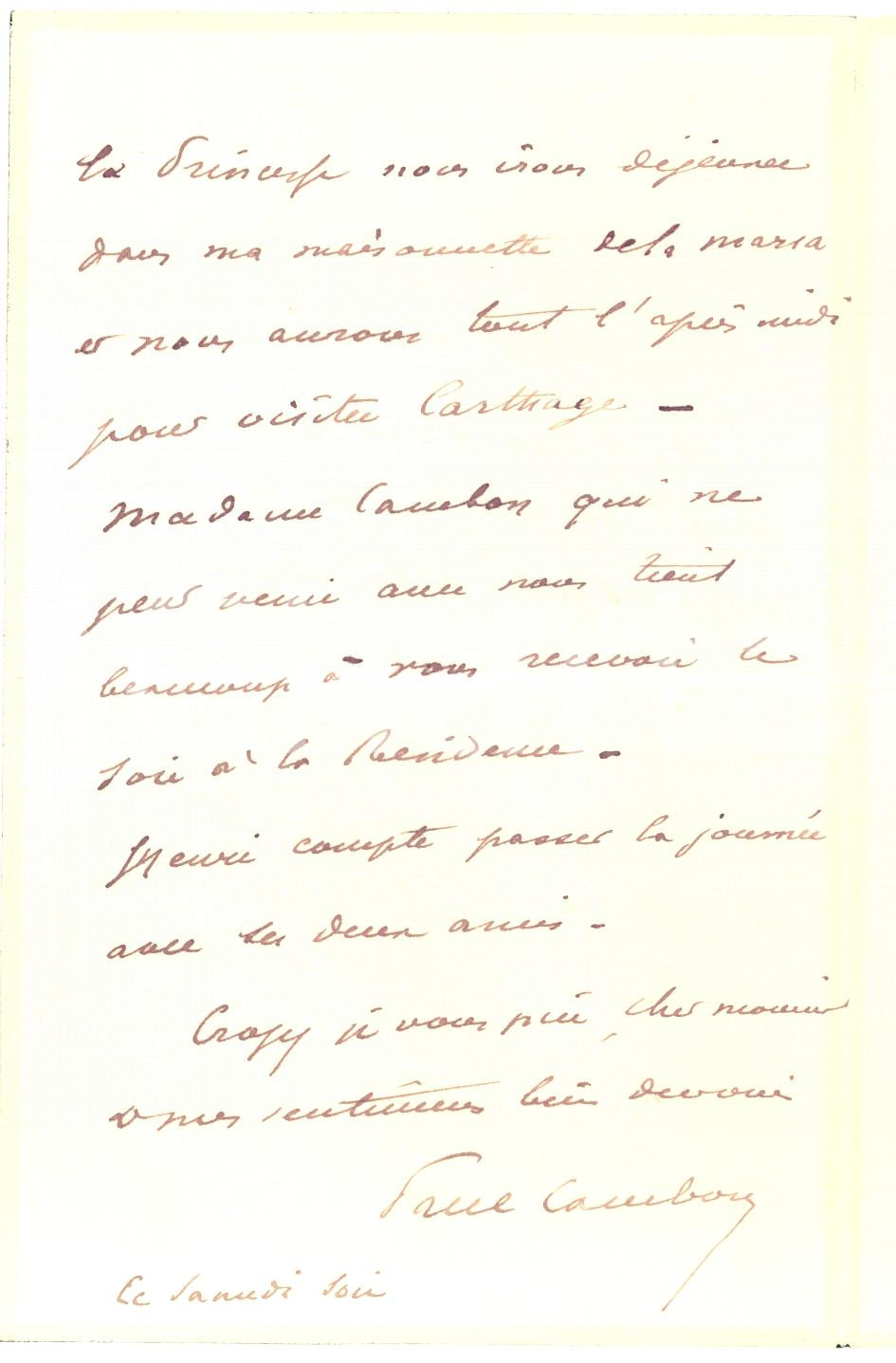 Autografo originale 1885 TUNISI MInistro Paul CAMBON su udienza del Bey AUTOGRAFO 1