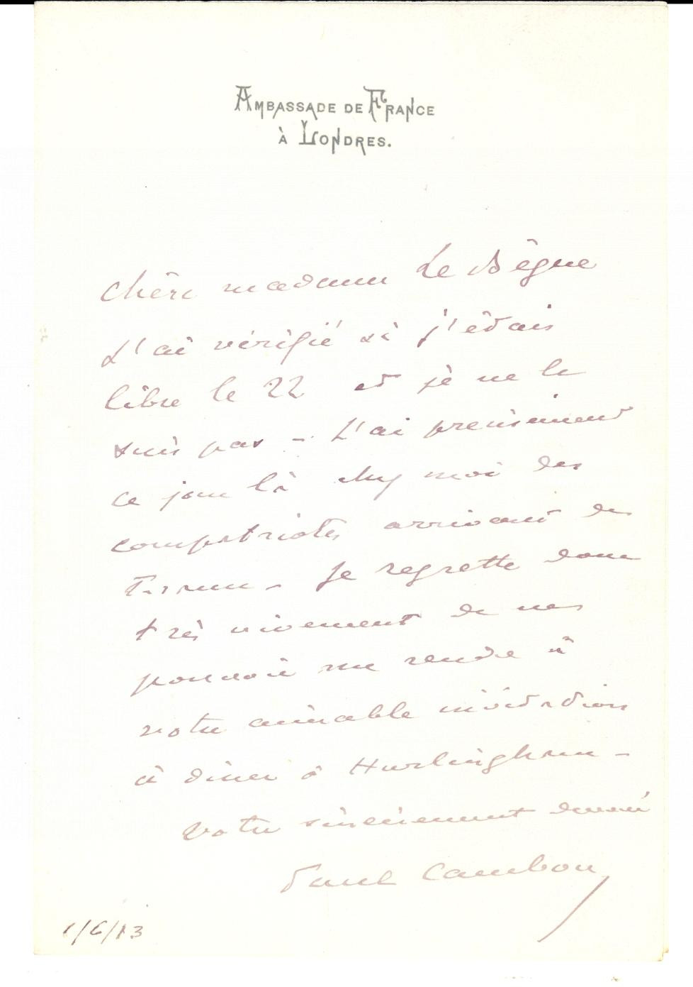 Autografo originale 1900 LONDON Ambassade de FRANCE Paul CAMBON réfuse invitation AUTOGRAPH 1